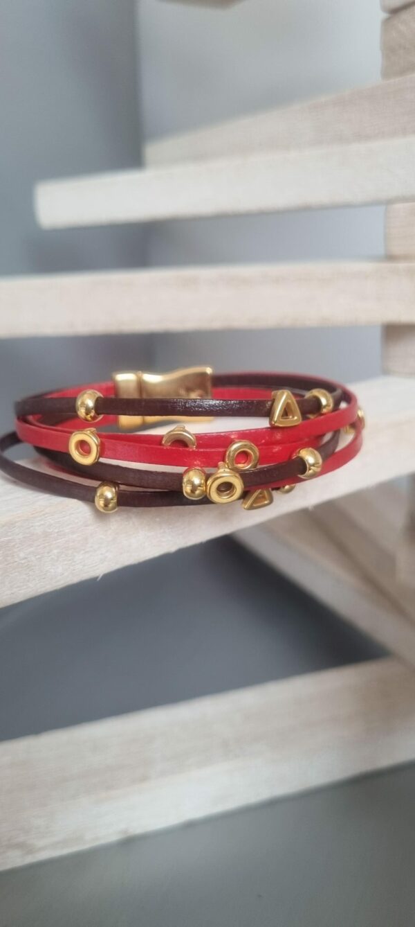 Bracelet femme en cuir 3mm rouge et marron, perles dorées