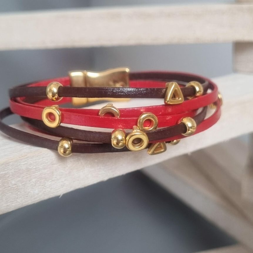 Bracelet femme en cuir 3mm rouge et marron, perles dorées