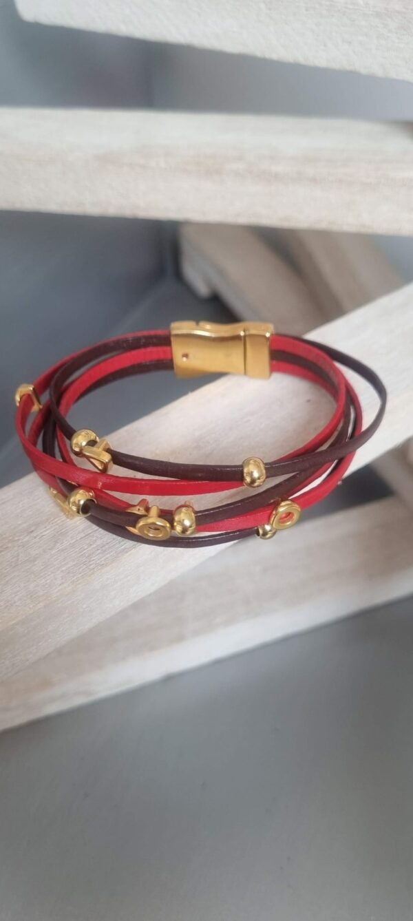 Bracelet femme en cuir 3mm rouge et marron, perles dorées