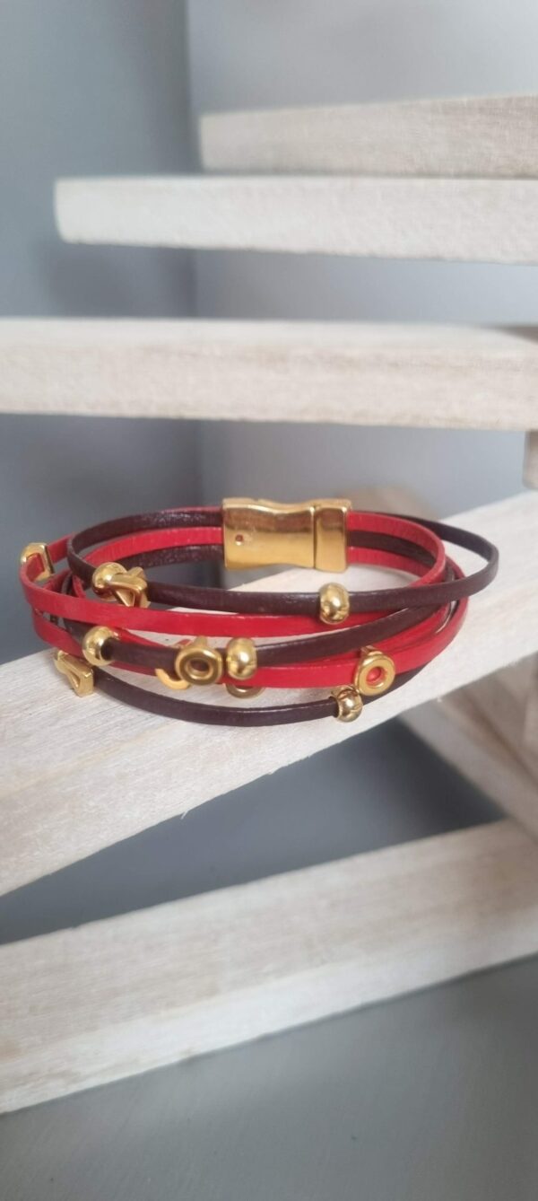 Bracelet femme en cuir 3mm rouge et marron, perles dorées