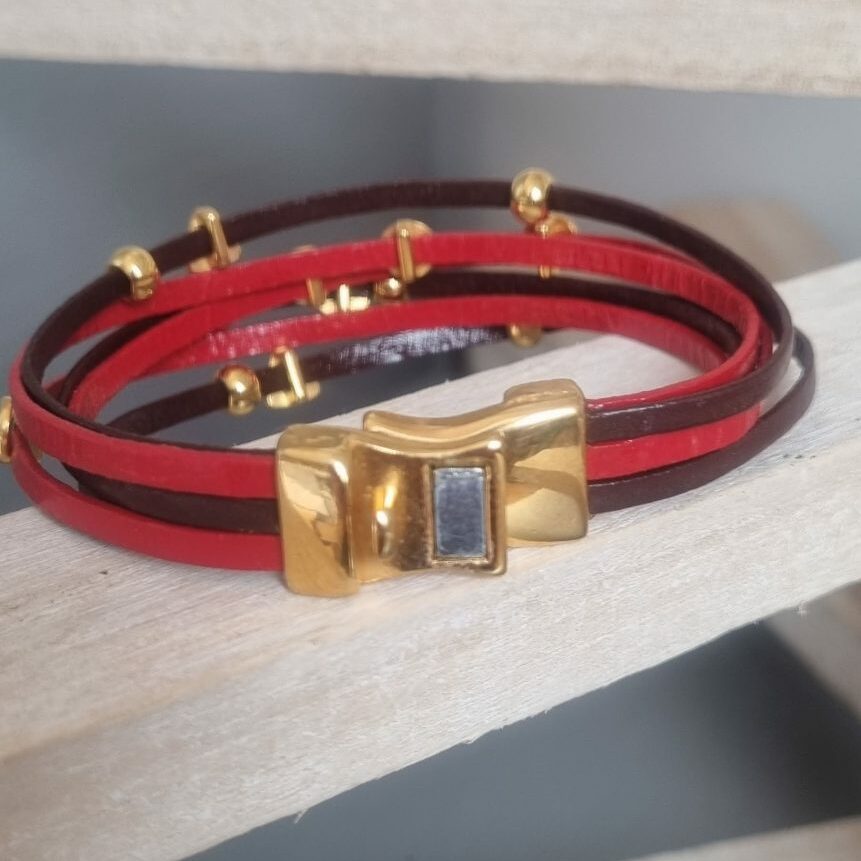 Bracelet femme en cuir 3mm rouge et marron, perles dorées