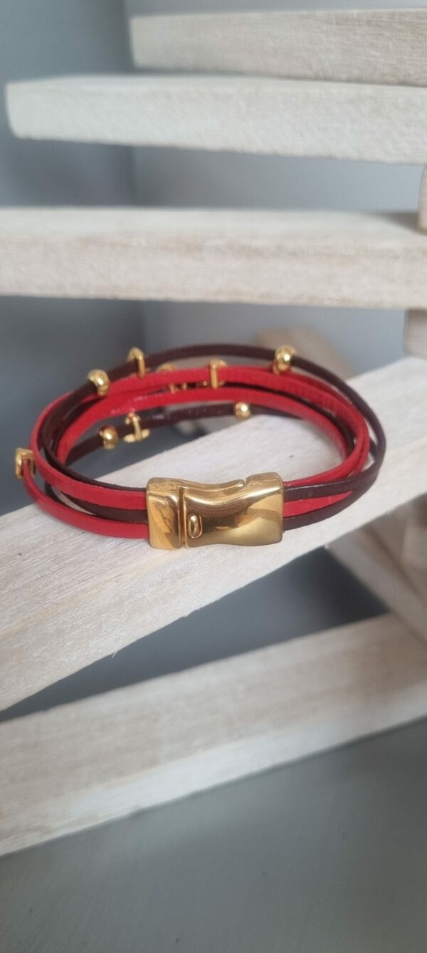Bracelet femme en cuir 3mm rouge et marron, perles dorées