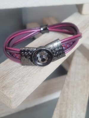 Bracelet femme en cuir rond et plat, rose et violet, perle noire