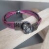 Bracelet femme en cuir rond et plat, rose et violet, perle noire