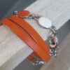 Bracelet femme triple tour en cuir plat orange et passant résine