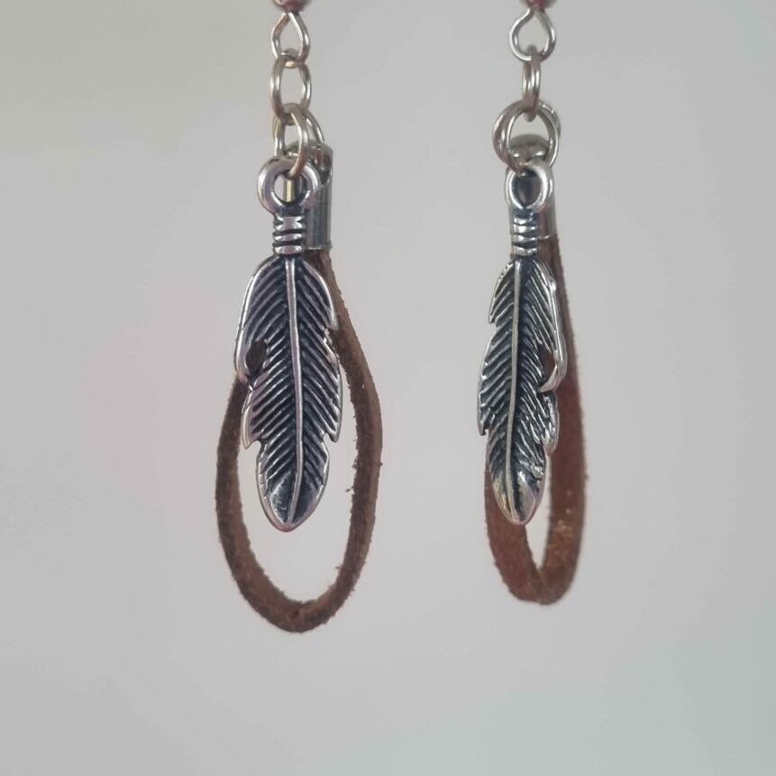 Boucles d'oreille suédine bronze et plume argentée