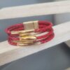 Bracelet femme cuir rond tressé rouge et tubes dorés