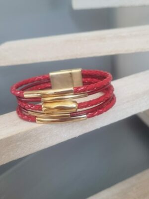 Bracelet femme cuir rond tressé rouge et tubes dorés