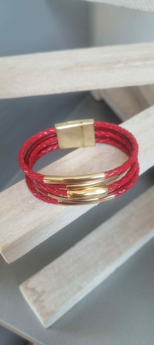 Bracelet femme cuir rond tressé rouge et tubes dorés