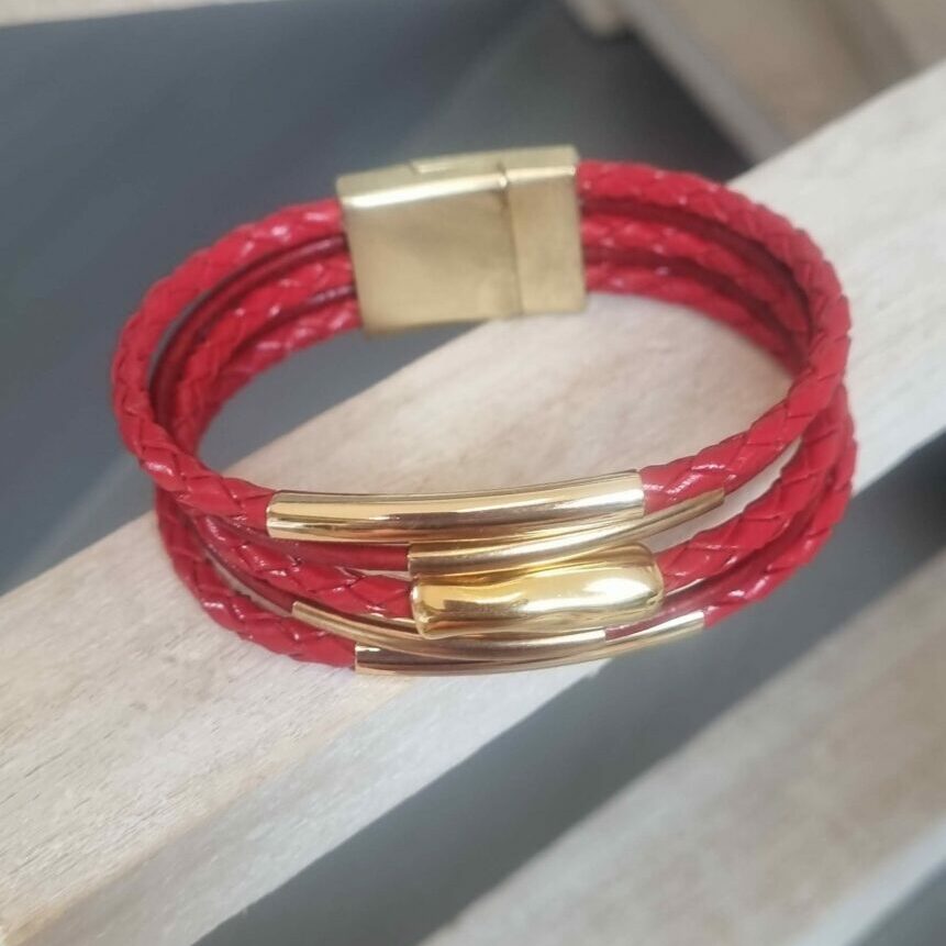 Bracelet femme cuir rond tressé rouge et tubes dorés