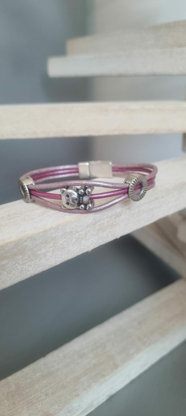 Bracelet femme en cuir rond rose et son ourson