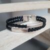 Bracelet homme en cuir tressé noir et tubes argentés