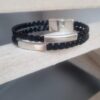 Bracelet homme en cuir tressé noir et tubes argentés