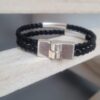 Bracelet homme en cuir tressé noir et tubes argentés