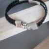 Bracelet homme en cuir tressé noir et tubes argentés