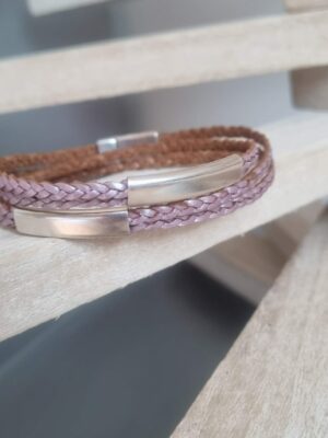 Bracelet femme double tour cuir tressé rose et tubes argentés