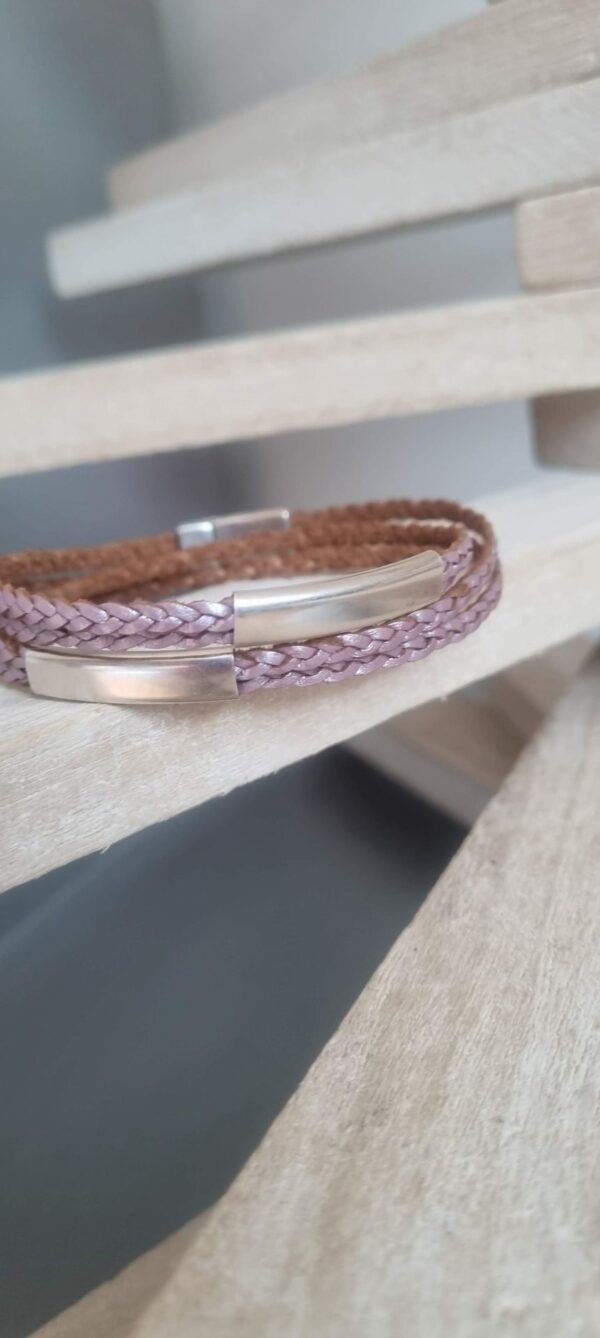 Bracelet femme double tour cuir tressé rose et tubes argentés