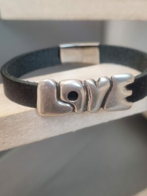 Bracelet homme en cuir noir, passant "LOVE"