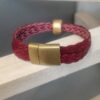 Bracelet femme en cuir tressé rouge foncé, perle en céramique or mat