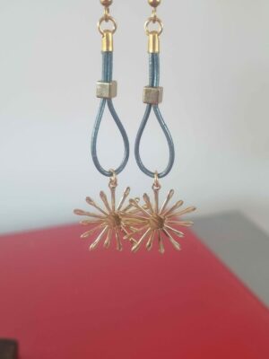 Boucles d'oreille femme en cuir rond aqua et son étincelle dorée
