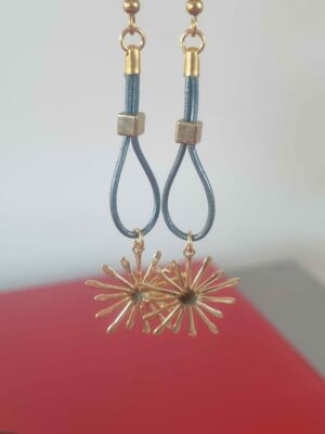Boucles d'oreille femme en cuir rond aqua et son étincelle dorée
