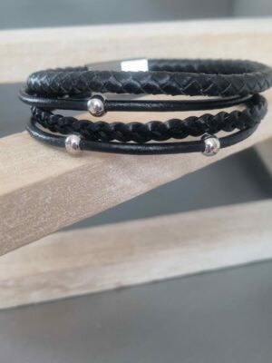 Bracelet homme en cuir noir plat et rond