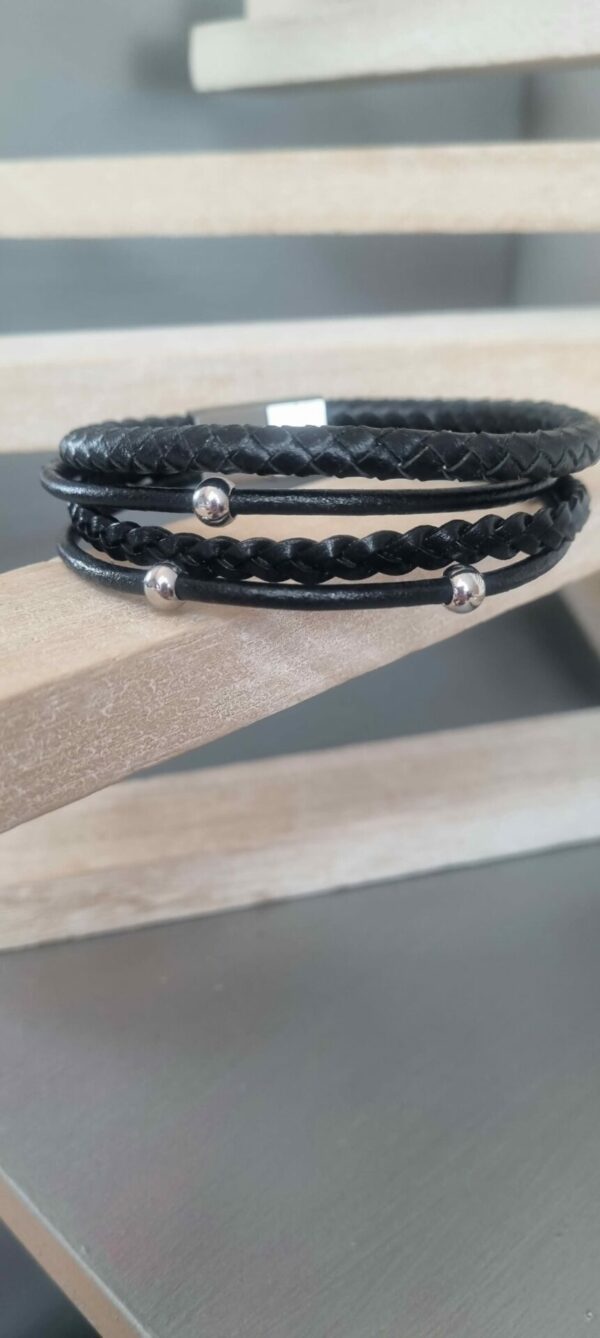 Bracelet homme en cuir noir plat et rond