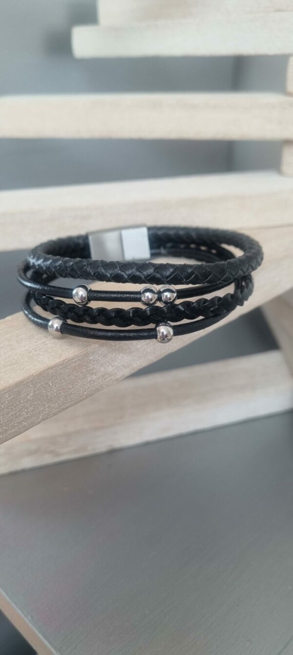 Bracelet homme en cuir noir plat et rond