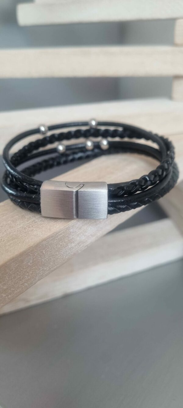 Bracelet homme en cuir noir plat et rond