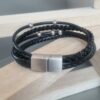 Bracelet homme en cuir noir plat et rond