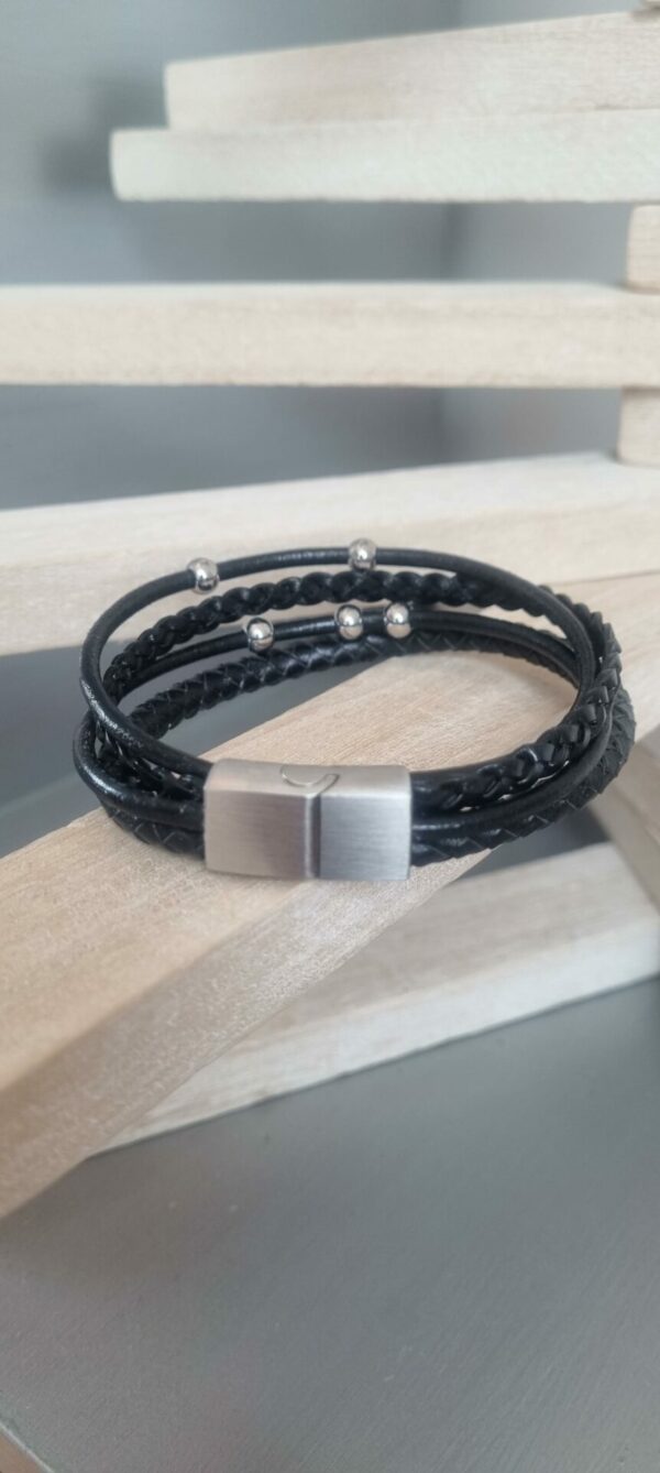 Bracelet homme en cuir noir plat et rond