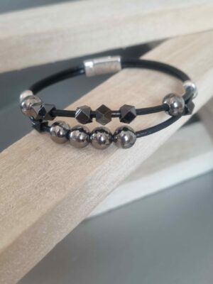 Bracelet homme en cuir rond noir et perles hématites et noires