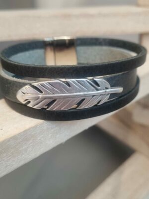 Bracelet homme 20mm gris et noir, plume argentée