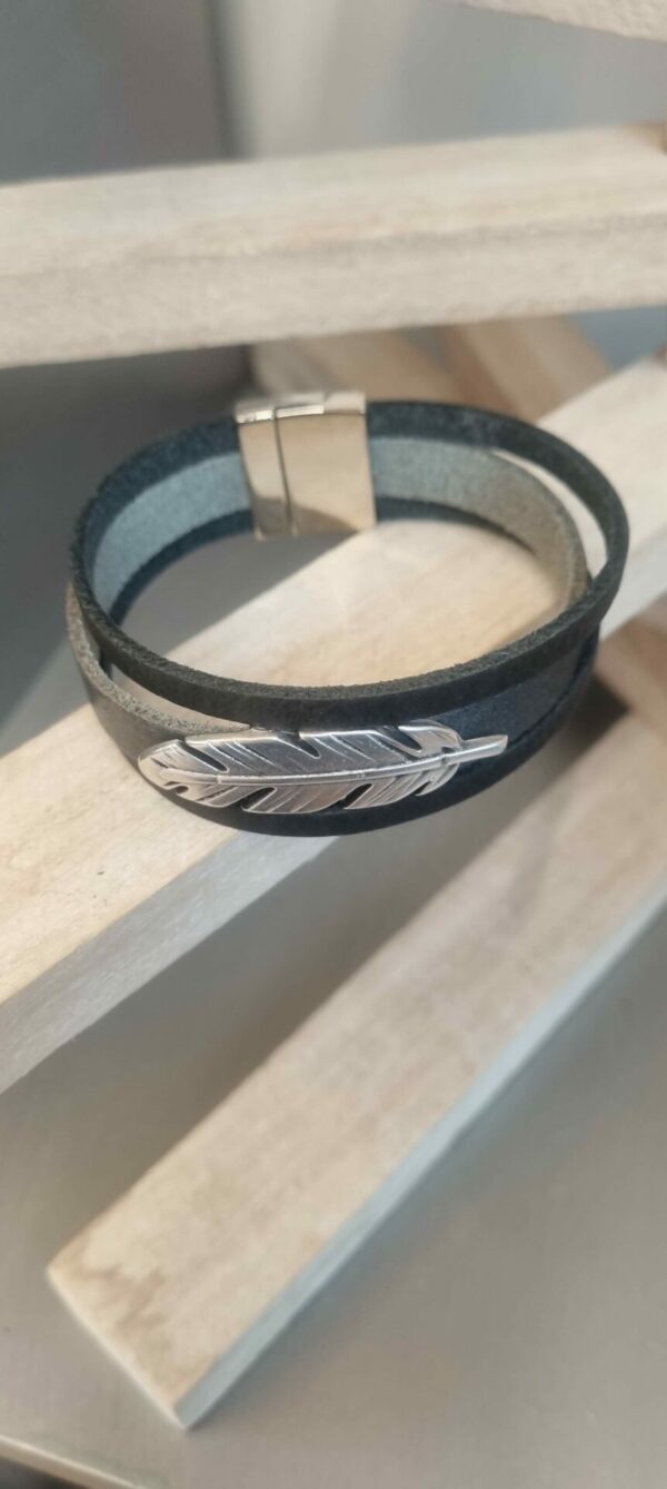 Bracelet homme 20mm gris et noir, plume argentée