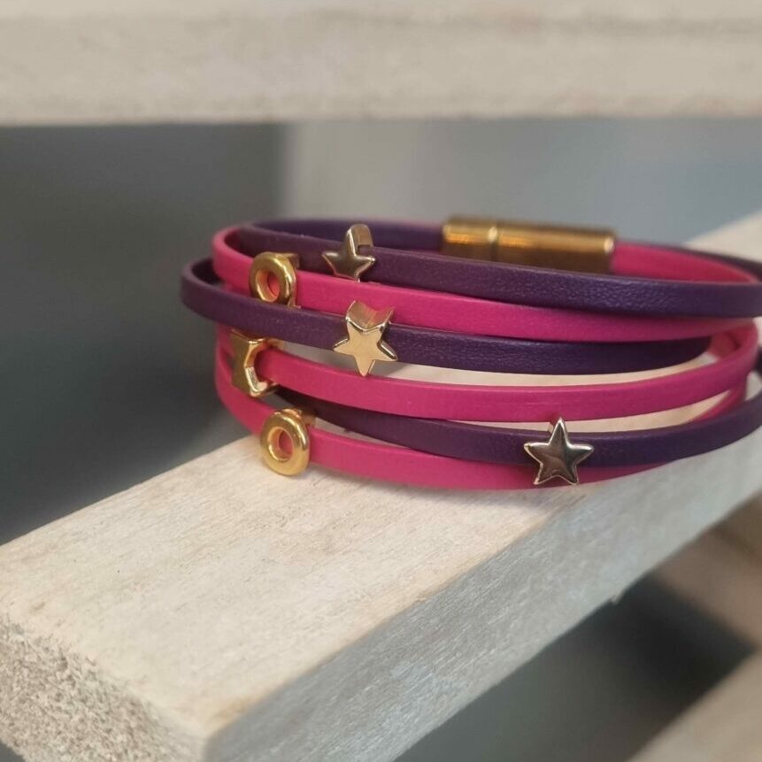 Bracelet femme en cuir 3mm rose et violet, passants dorés