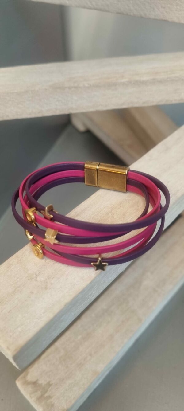 Bracelet femme en cuir 3mm rose et violet, passants dorés