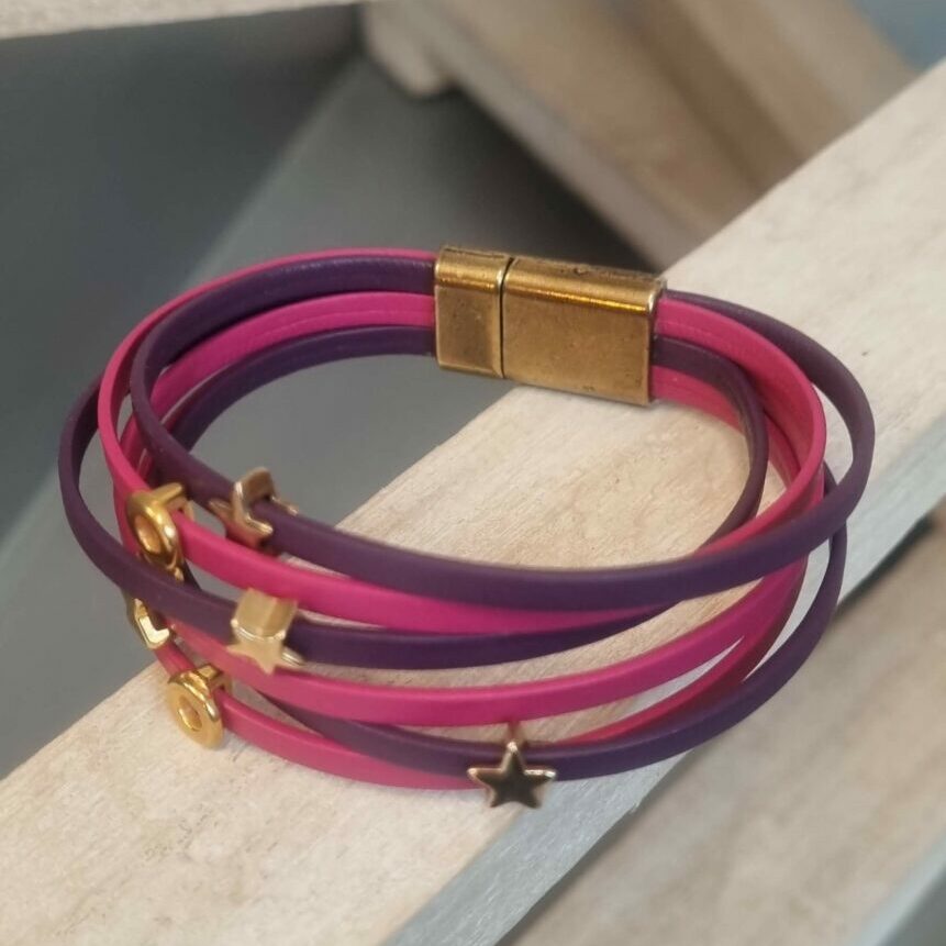 Bracelet femme en cuir 3mm rose et violet, passants dorés