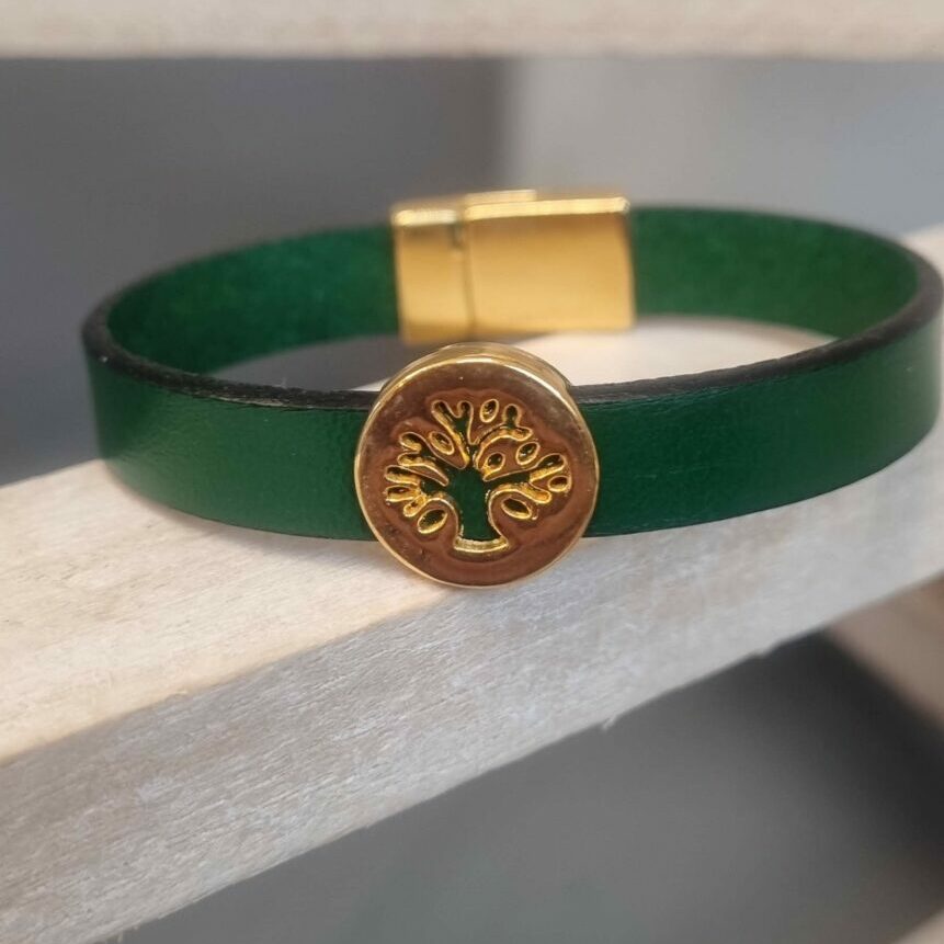 Bracelet femme 10mm cuir vert et arbre de vie doré