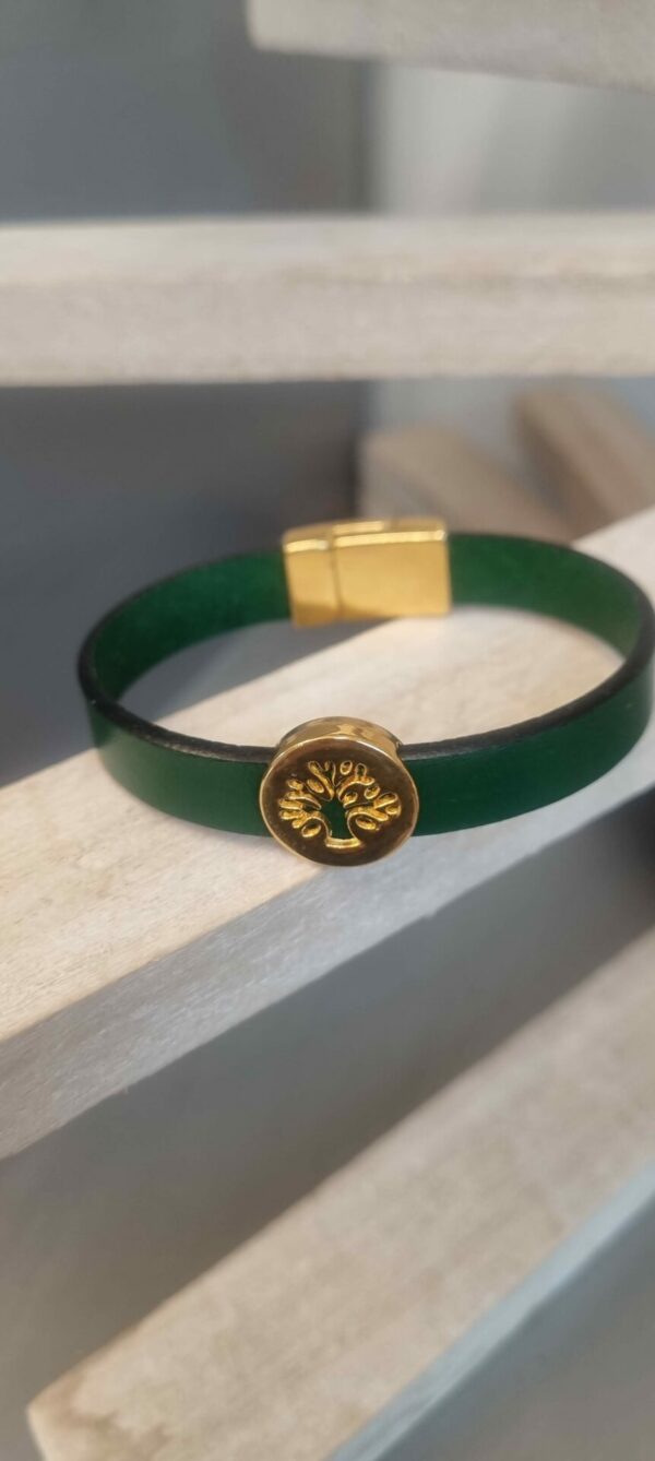 Bracelet femme 10mm cuir vert et arbre de vie doré