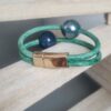 Bracelet femme cuir rond vert et perles céramiques bleu et verte