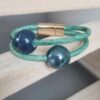 Bracelet femme cuir rond vert et perles céramiques bleu et verte