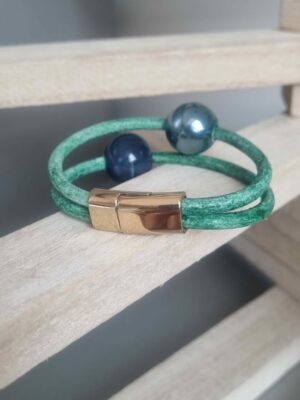 Bracelet femme cuir rond vert et perles céramiques bleu et verte