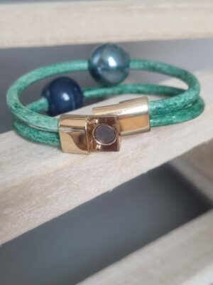 Bracelet femme cuir rond vert et perles céramiques bleu et verte