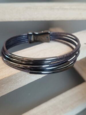 Bracelet homme en cuir rond bleu et tubes noirs