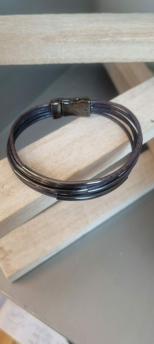 Bracelet homme en cuir rond bleu et tubes noirs