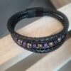 Bracelet homme en cuir rond noir et perles noires et violettes