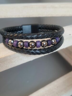 Bracelet homme en cuir rond noir et perles noires et violettes