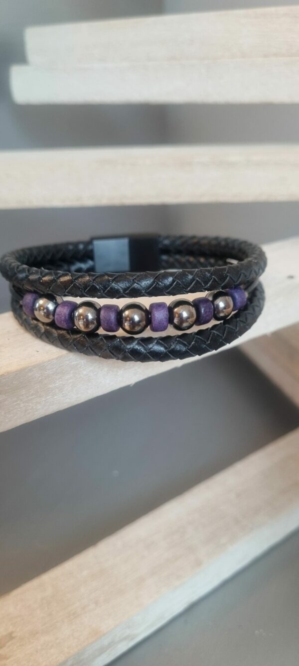 Bracelet homme en cuir rond noir et perles noires et violettes