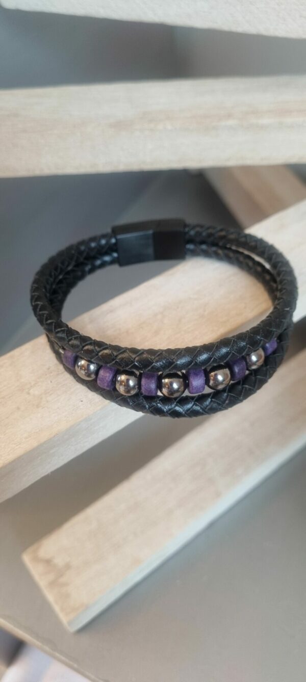 Bracelet homme en cuir rond noir et perles noires et violettes