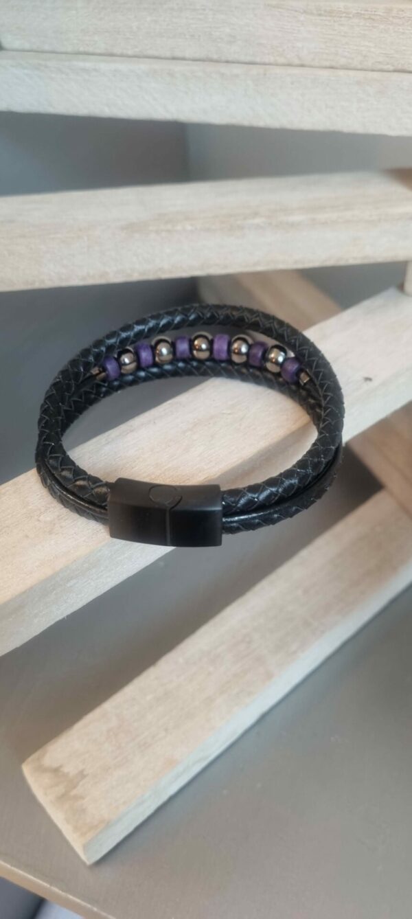 Bracelet homme en cuir rond noir et perles noires et violettes